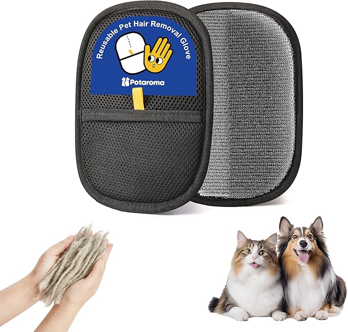 Potaroma Reusable Pet Hair Removal Glove – Electrostatic Dog Cat Fur Remover Mitt Tool for Clothes, Furniture, Couch, Carpet, Curtain, & Bedding– Durable Mesh Design