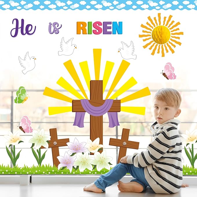 BeYumi 95Pcs Easter He is Risen Cross Bulletin Board Set Sun Honeycomb Jesus Resurrection Cross Lily Cutouts Trim Border Christian Religious Bible Sunday School Classroom Chalkboard Church Decoration