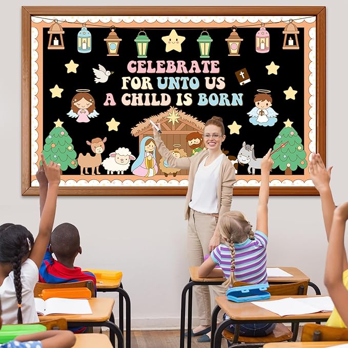 Christian Nativity Religious Bulletin Board Set Christmas Jesus Birth Hippie Classroom Decorations Border Xmas Paper Cutouts for Chalkboard Wall Holiday Christian Church Sunday School Decor