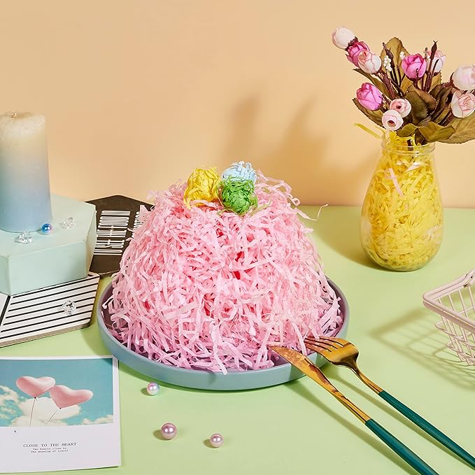 JOYIN 0.75 LB Easter Fake Grass Paper Shred Filler(12 Oz) for Basket Boxes Filling, DIY Gift Wrap Crinkle, Wedding Birthday Engagement Party Decoration, Easter Egg Hunt(Pink, Yellow, Sky Blue, Green)
