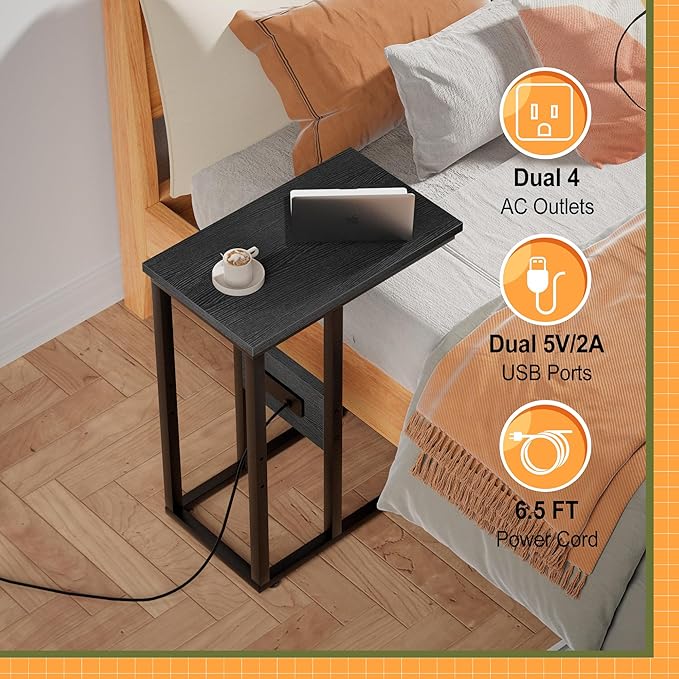 VECELO C Shaped End Table with Charging Station & Power Outlets, Quick Access Side Table for Sofa, C Bedside for Living Room Bedroom 2 Set,Black