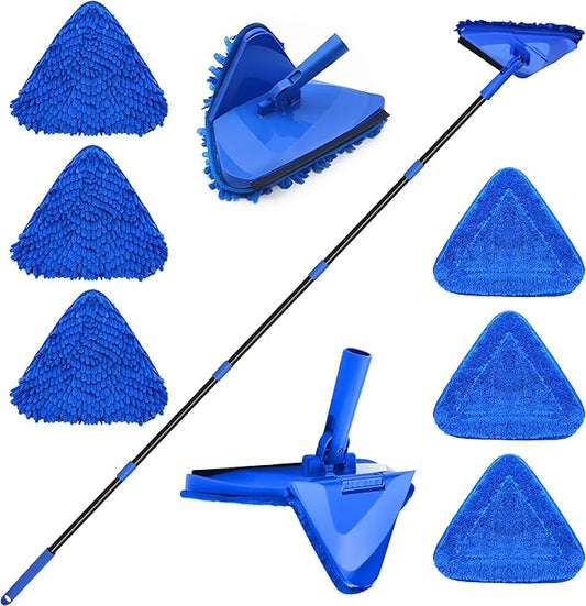Wall Mop Cleaner Long Handle 80 inches, 180° Folding Ceiling Washer Scrubber and Squeegee, Triangle Baseboard Cleaning Tool Duster with 6 Microfiber Chenille Pads for Painted Walls Window Floor