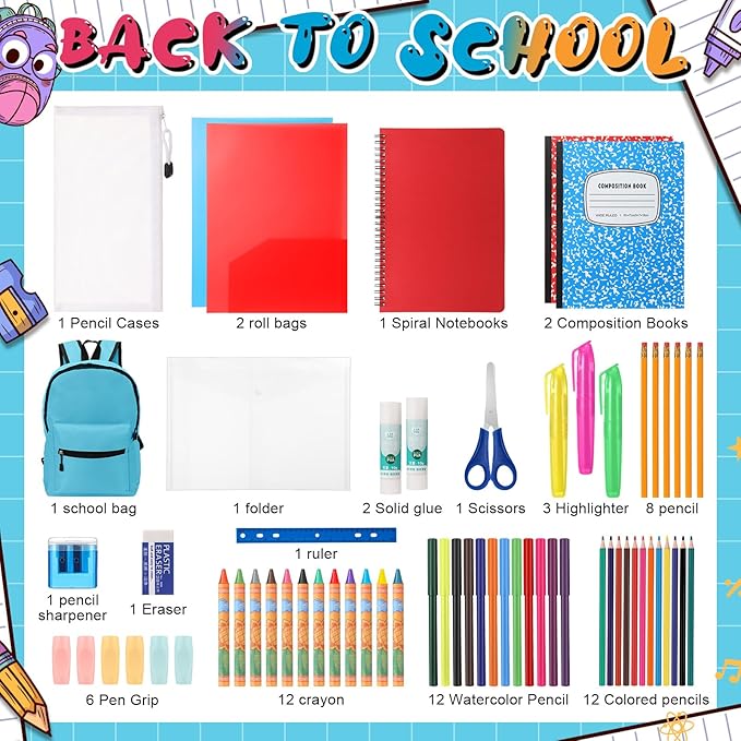 Back to School Supplies with Backpack Kids Kindergarten Preschool Elementary Supply Bundle Kit Middle High School Notebook for K-12 Student Girl Boy Classroom(Light Blue)