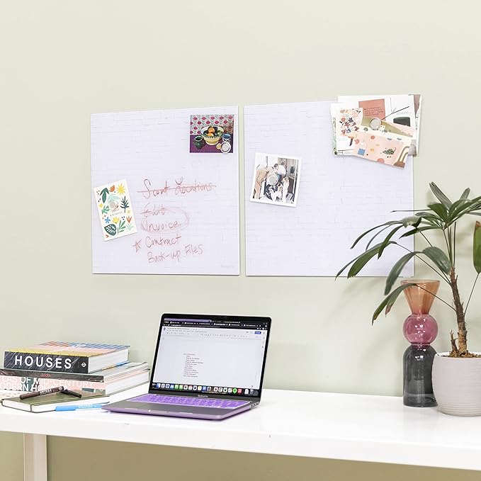 ECR4Kids MessageStor Magnetic Dry-Erase Glass Board with Magnets, 17.5in x 17.5in, Wall-Mounted Whiteboard, White Brick, 2-Pack