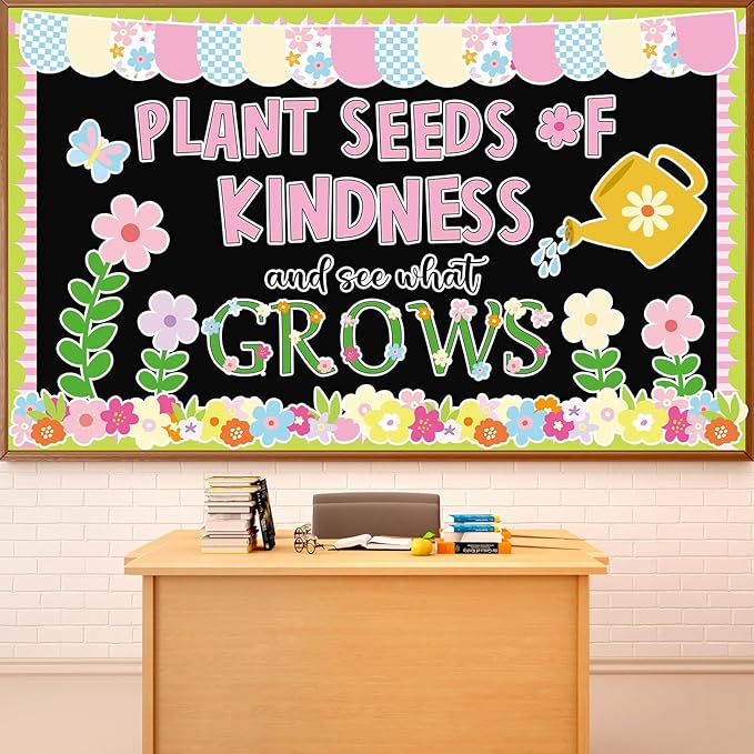 Spring Floral Bulletin Board Set Plant Kindness Colorful Flower Paper Cutouts Motivational Plants Classroom Decoration for Summer Wall Door Decor Kindergarten Back to School Supply