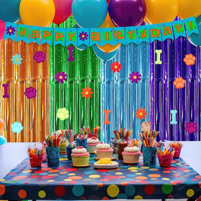 Epakh 39 Pcs Cartoon Dog Birthday Party Decorations Includes 24 Pieces Paper Cards Decor 13 Pcs Happy Birthday Banner 2 Pcs Foil Fringe Curtain Backdrop for Photo Prop Themed Party Supplies