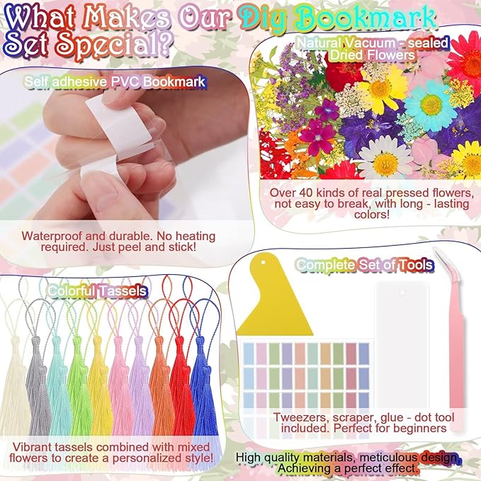 DIY Bookmark Making Kit - No Laminator Needed – 83 PCS Self-Adhesive Clear PVC Bookmarks with Dried Flowers & Tassels, Peel & Stick Bookmarks for Book Lovers & Back to School Gifts Bulk