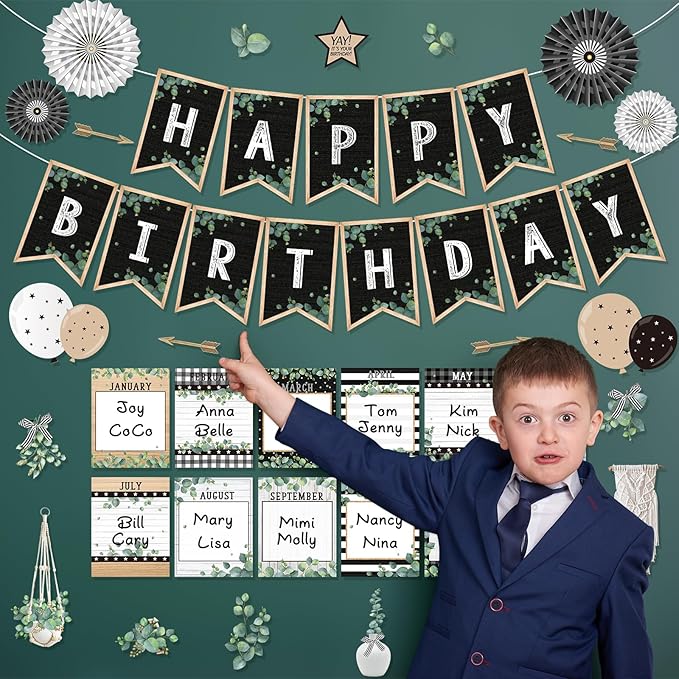 48 Pcs Classroom Happy Birthday Bulletin Board Sets Decorations, Eucalyptus Greenery Plant Birthday Classroom Decor, Nature Birthday Chart Poster Wall Classroom Themes Decoration Cutouts Sets Bundle