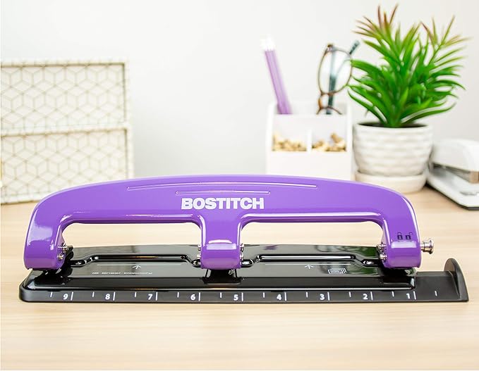 Bostitch Office EZ Squeeze Reduced Effort 3-Hole Punch, 12 Sheets, Purple