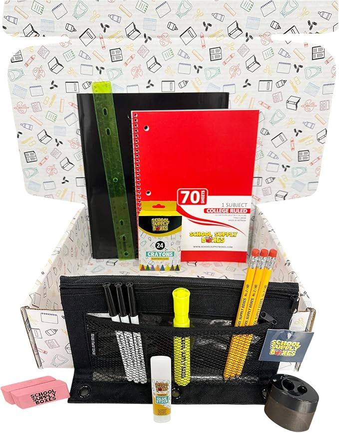 School Supply Boxes | Budget Saver Pallet (180 Boxes) | Back to School Essentials Kit for Students & Teachers | Includes Spiral Notebook, Crayons, Pens, Pencils, Glue & More