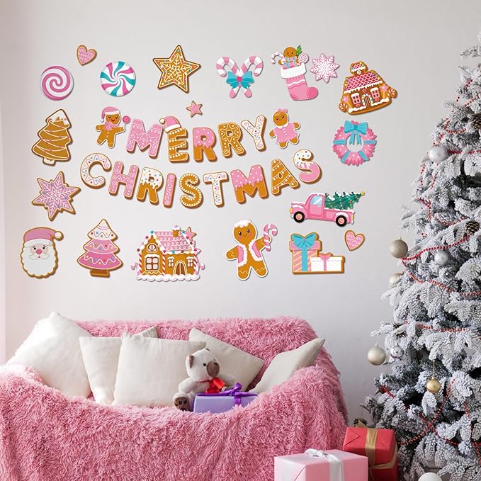Kosiz 54 Pcs Christmas Bulletin Board Set Pink Gingerbread Man Cut-outs Merry Christmas Bulletin Board Decoration Set Pink Gingerbread House Cutouts for Xmas Holiday Party School Home Wall Door Decor