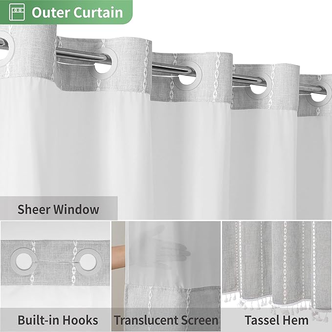 No Hook Long Shower Curtain Set with Snap-in Fabric Liner,Linen Ultra Thick Fabric with Tassels,Boho Chic Modern Farmhouse Country Neutral Cloth Shower Curtains for Bathroom,Grey/Gray,71x80