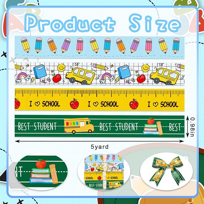 Threetols 4 Rolls 20 Yards Back to School Grosgrain Ribbons, Blue Green Yellow, Apple Pencil School Bus Gift Wrapping for Teacher Kindergarten Party Supply