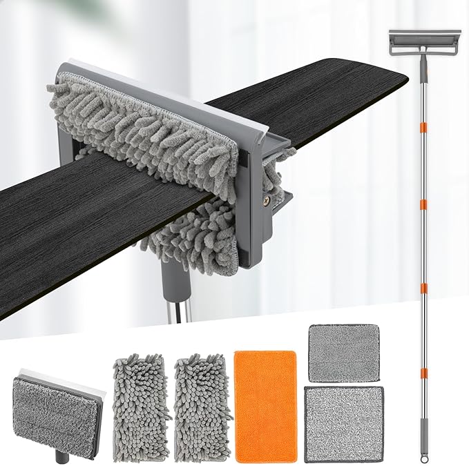 Ceiling Fan Cleaner Duster with 84'' Extension Pole, Baseboard Cleaner Tool with Handle, Reusable Chenille & Microfiber Pads for Dusting Ceiling Fan Baseboard Wall Window Floor