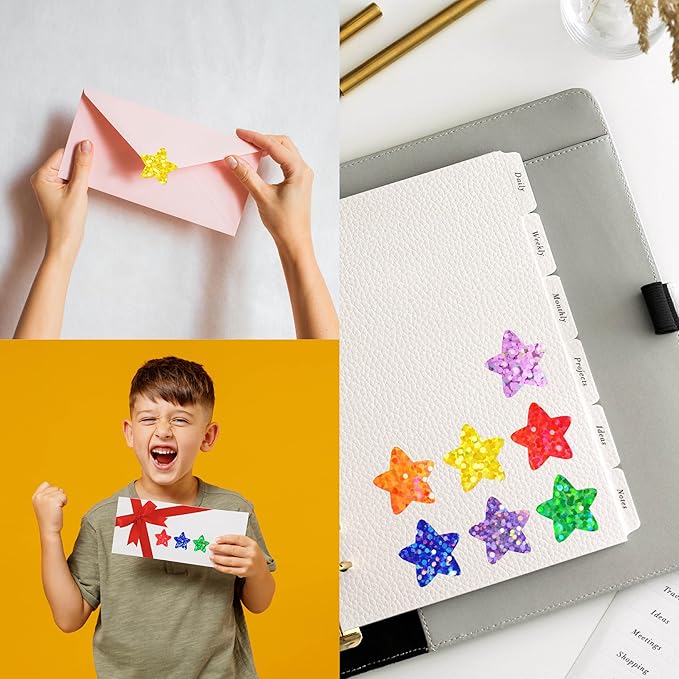 500 PCS Glitter Star Stickers, 8 Colors Metallic Glitter Stickers Self Adhesive Waterproof Reflective Star Sticker Decorative Labels for Reward Chart, Craft, Classroom Supplies, Kids, School (1” Each)
