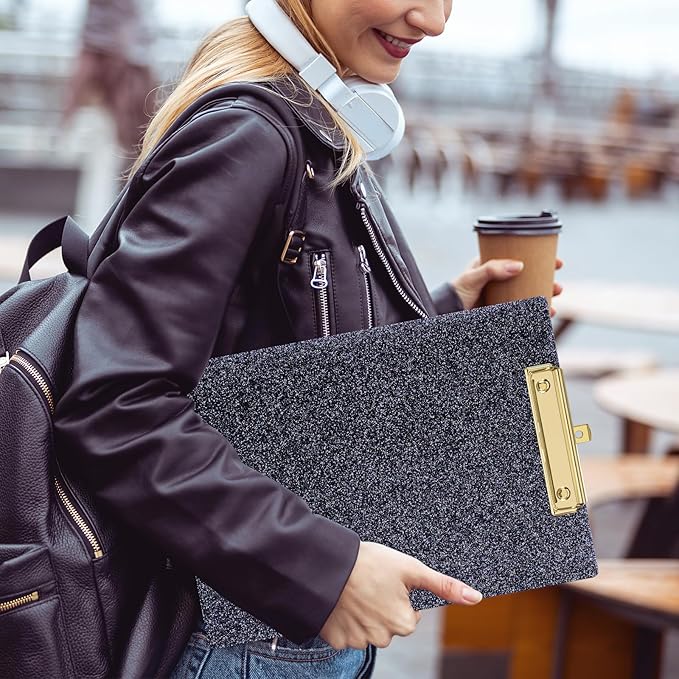 Piasoenc Acrylic Clipboards, Fashion Glitter Clip Board with Low Profile Gold Clip, Designed for Classroom School and Office Use, A4 Letter Size 9 x 12.5 in,Black