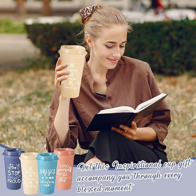 24 Pcs Inspirational Gifts for Employee Coworkers Staff Teammate, 16oz Reusable Plastic Coffee Cups with Positive Sayings, Bundle Gifts for Woman Man Coworker (Morandi Color,Inspirational)