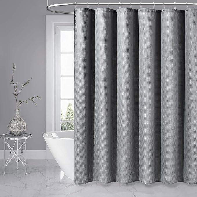 Dynamene Stall Fabric Shower Curtain - 48 inch Wide Waffle Weave Weighted Thick Cloth Shower Curtain for Bathroom, Neutral Heavy Duty Hotel Spa Luxury Bath Curtain Set with 8 Hook, 48x72, Grey/Gray