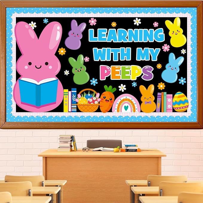 Easter Learning Bulletin Board Decoration Set, Spring Peeps Classroom Decorations Easter Bunny Eggs Book Rainbow Cutouts March April Library School Home Nursery Wall Window Door Decor for Teacher