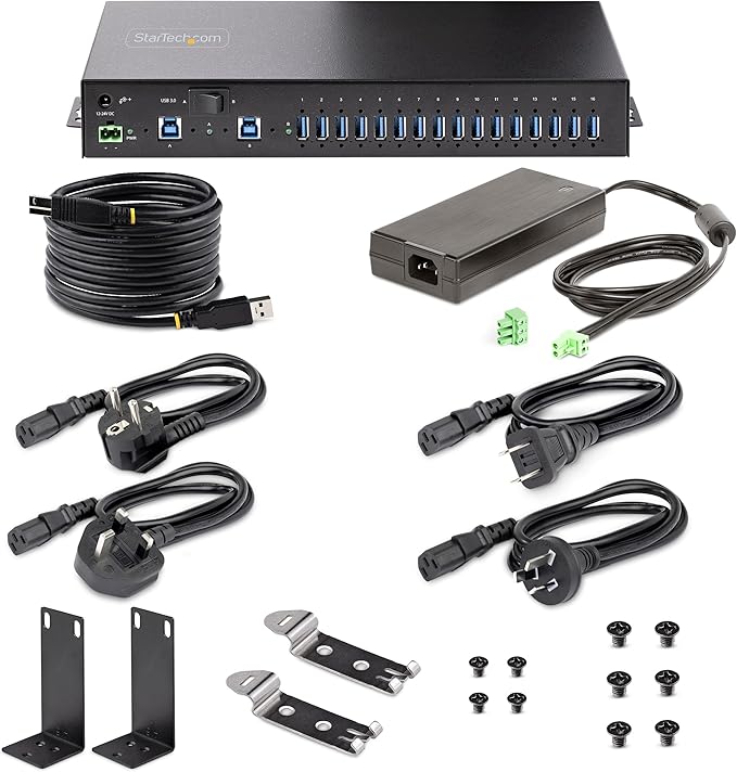 StarTech.com 16-Port Industrial USB 5Gbps Hub with Power Adapter, Metal, DIN/Surface/Rack Mountable, Dual-Host Hub/Switch, TAA
