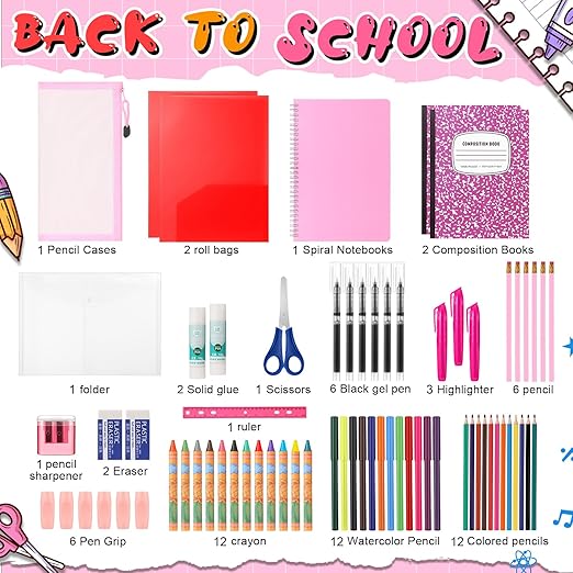 39 Pcs Back to School Supplies Essentials Bundle Include Pencils Scissors Ruler Eraser Crayon Sharpener Notebook Pencil Case Folder Notebook(Pink)