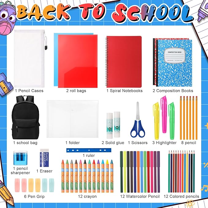 Back to School Supplies with Backpack Kids Kindergarten Preschool Elementary Supply Bundle Kit Middle High School Notebook for K-12 Student Girl Boy Classroom(Black)
