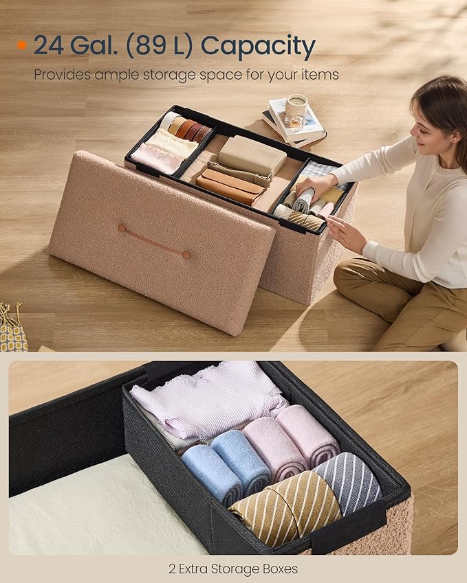 SONGMICS Storage Ottoman Bench, Storage Chest, 15 x 30 x 15 Inches, Foot Rest Stool, End of Bed Bench, Load up to 660 lb, for Living Room, Bedroom, Entryway, Camel Brown ULSF096K01