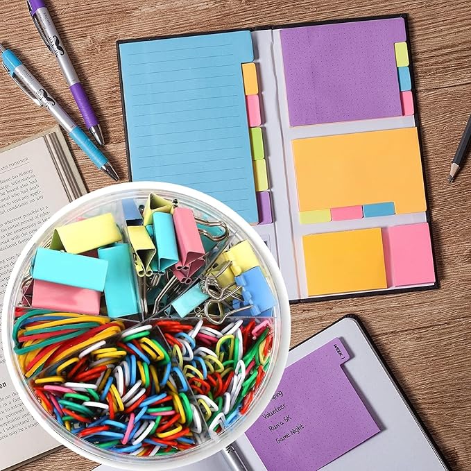 THE CEO Sticky Notes Tabs with Paper Clips- 410 Sticky Notes & Office Paper Clips for Easy Organization- Includes 240 Colorful Papers Clips for School & Desk A Fun & Functional Gift for Office Workers