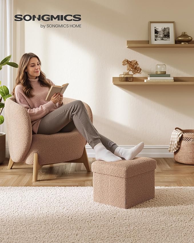 SONGMICS Small Folding Storage Ottoman, Foot Rest Stool, 12.2 x 16.1 x 12.2 Inches, Ottoman with Storage, Load up to 286 lb, for Living Room, Bedroom, Dorm, Camel Brown ULSF094K01