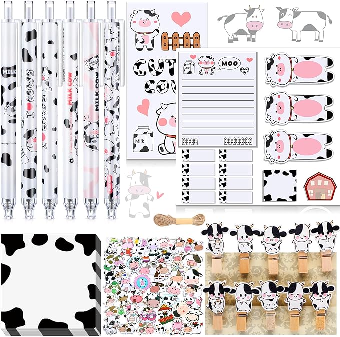 Crtin 69 Pcs Cute Sticky Notes Set,Cartoon Pen, Stickers, Paperclip, Sticky Memos Office & Party Favors(Cow)