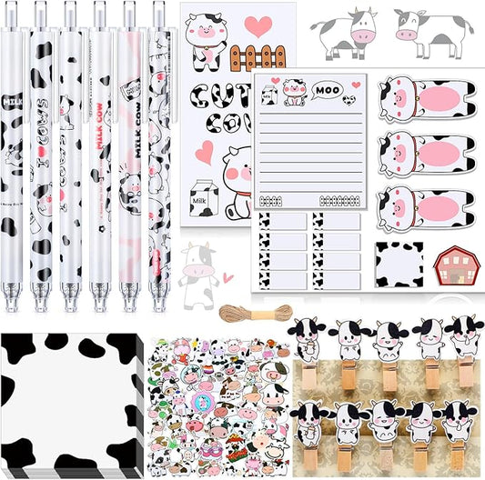 Crtin 69 Pcs Cute Sticky Notes Set,Cartoon Pen, Stickers, Paperclip, Sticky Memos Office & Party Favors(Cow)