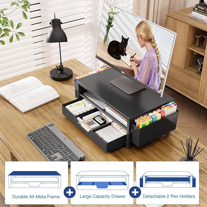 OPNICE Desk Organizer and Accessories, 2-Tier Computer Monitor Stand Riser with Drawer and 2 Pen Holders, Laptop Stand, Office Desk Accessories for Office Supplies, Black 2-Pack