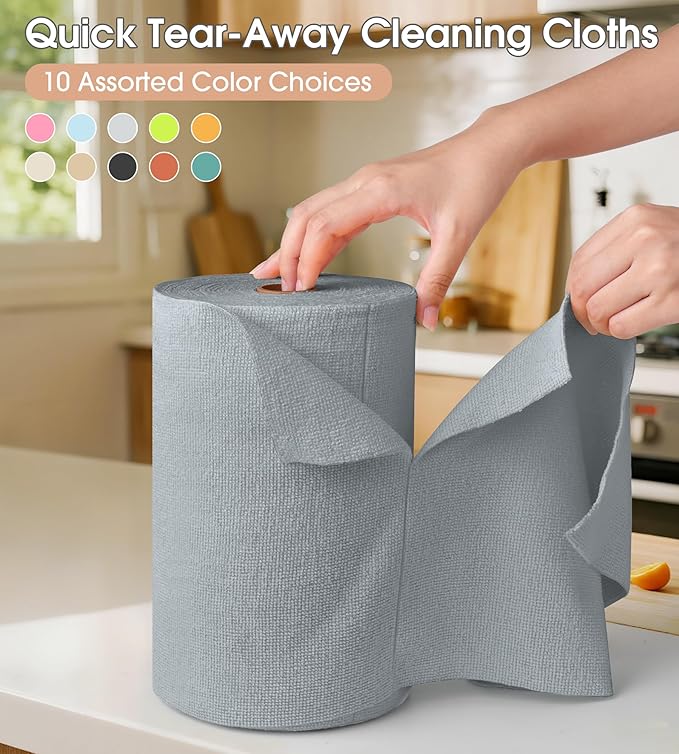 KitchLife Microfiber Cleaning Cloth Roll, 100 Pack - Tear-Away Microfiber Paper Towels, Lint-Free, Reusable, Washable for Kitchen, Car, Dishes, and Sensitive Surfaces (Dark Gray)