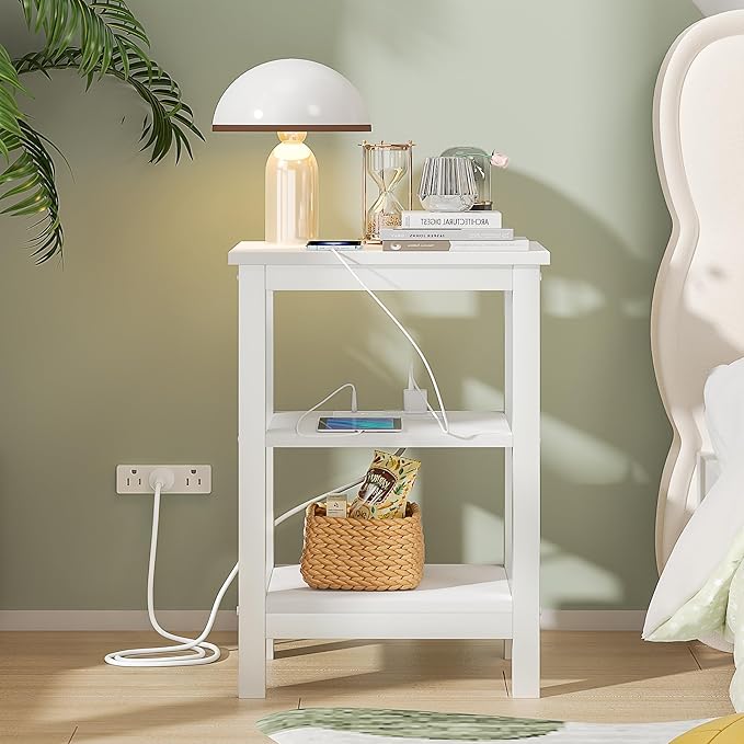 VECELO Modern Nightstands with Charging Station,Side End Table Night Stand with Storage Shelf for Small Spaces, Bedroom,Living Room