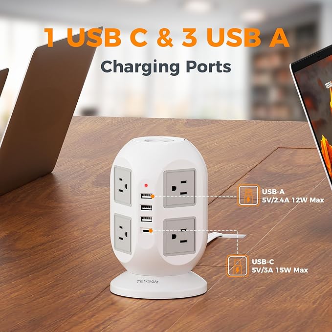 TESSAN Tower Surge Protector Power Strip 10 ft, Long Flat Extension Cord with Multiple Outlets, 8 AC Outlets with 4 USB Ports (1 USB C), Charging Station with Surge Protection, for Home Office Dorm