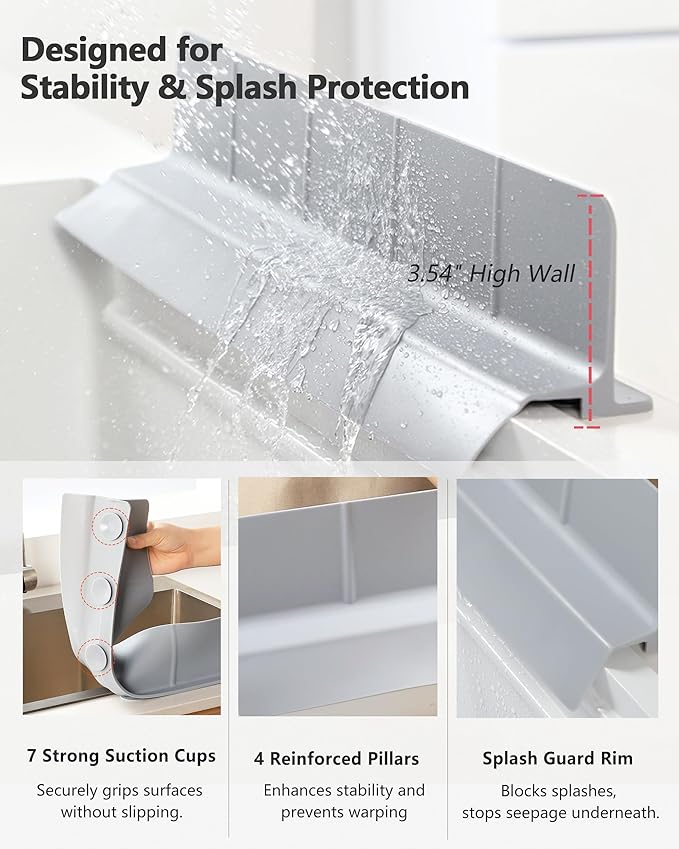 Kitchen Sink Splash Guard 23" Self-Draining Silicone Water Guard with High Splash Wall & Strong Suction Cups for Faucet, Countertop & Sink Edge, Keeps Sinks Dry, Dishwasher Safe, Gray