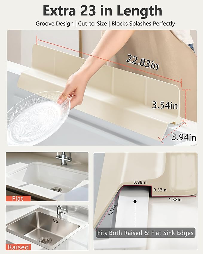 Kitchen Sink Splash Guard 23" Self-Draining Silicone Water Guard with High Splash Wall & Strong Suction Cups for Faucet, Countertop & Sink Edge, Keeps Sinks Dry, Dishwasher Safe,Cream