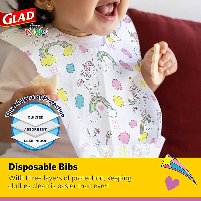 Glad for Kids Unicorn Disposable Paper Bibs with Crumb Catcher, Absorbent Leakproof Bibs for Toddlers and Babies, Mess Free Feeding, Crafts, Parties, and Travel Use, 30 Count