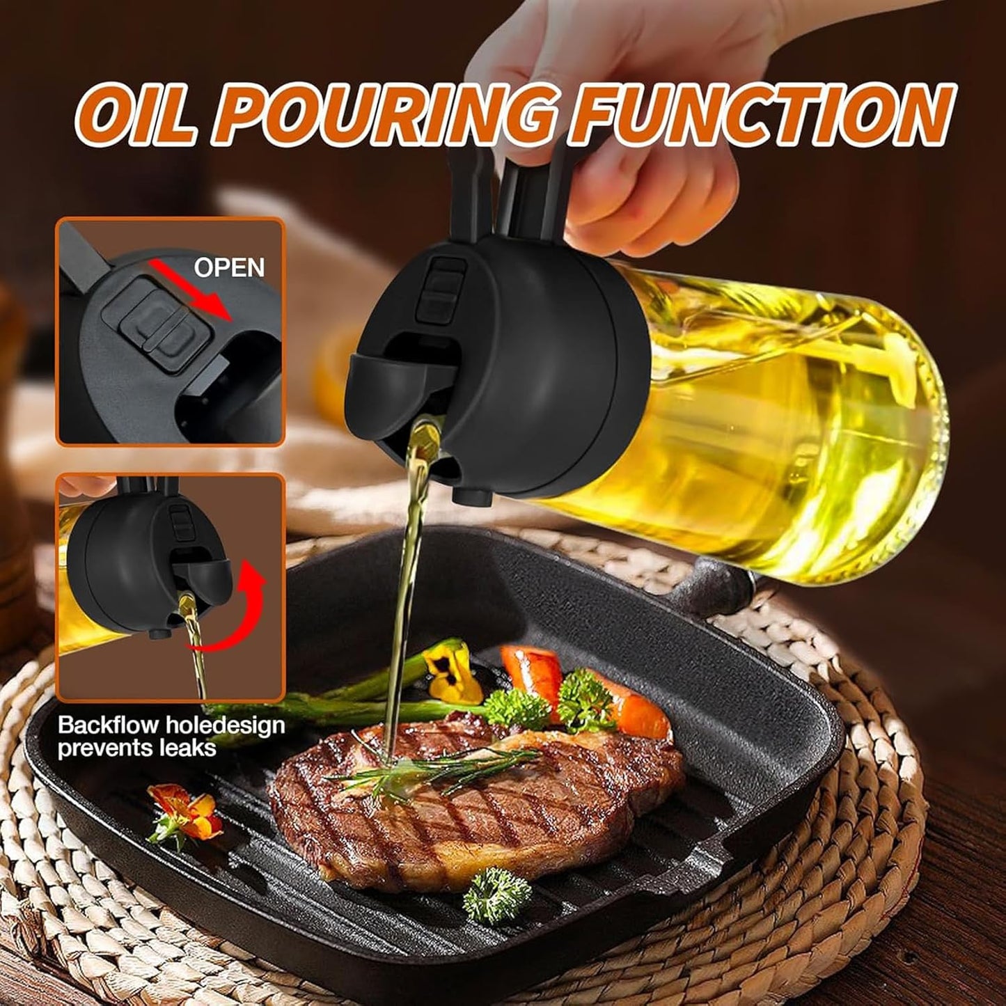 2-in-1 Glass Oil Dispenser & Sprayer - 16oz/470ml Leakproof Bottle for Cooking, Air Fryer, BBQ, Baking, Salad (Transparent Black 2PCS)