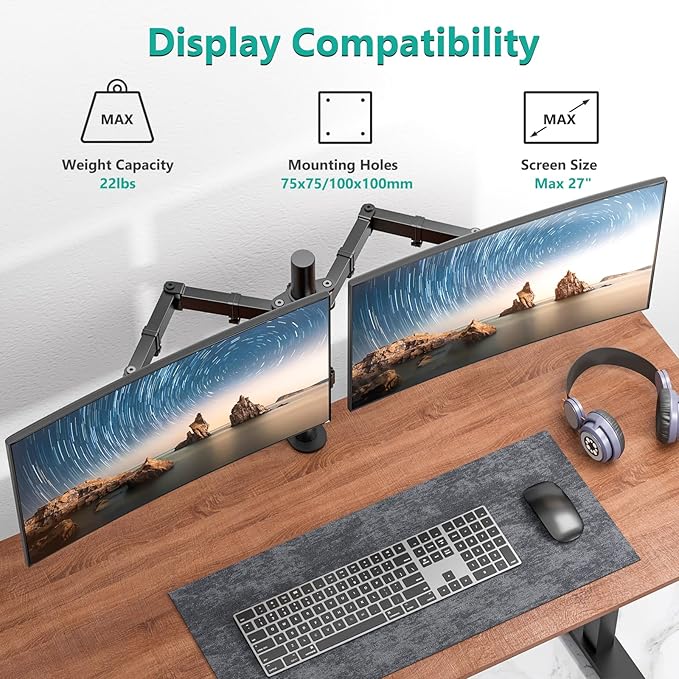 WALI Dual Monitor Stand for Desk, Dual Monitor Mounts for 2 Monitors up to 27 inch, 2 Monitor Desk Mount Holds up to 22 lbs, Height Adjustable Swivel Tilt Rotation, 75x75/100x100mm (M002), Black