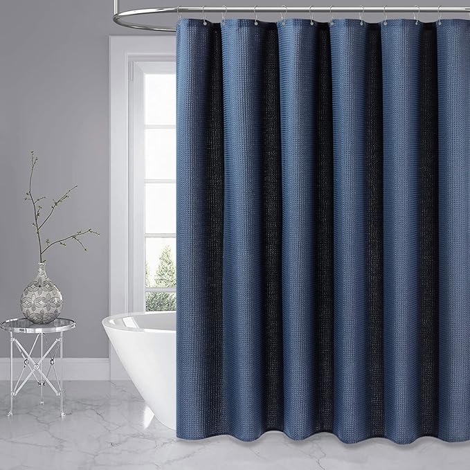 Dynamene Extra Long Fabric Shower Curtain - Waffle Weave 90 Inches Long Heavy Duty Cloth Shower Curtains for Bathroom, 256GSM Tall Hotel Luxury Bath Curtain Set with 12 Plastic Hooks, Navy Blue