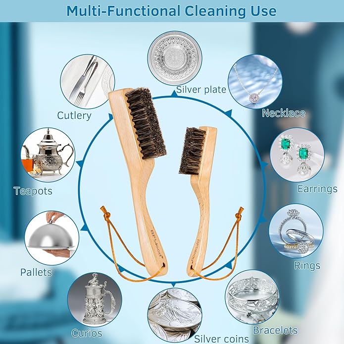 BFWood Horsehair Silver Brush - Detailing Brush Set for Silverware - Jewelry Cleaning Brushes for Sterling, Cutlery, Metal - Perfect Match for Silver Polish