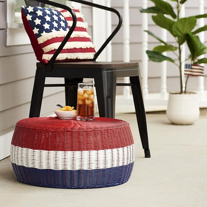 Household Essentials Handwoven Resin Ottoman Table, Red, White and Blue