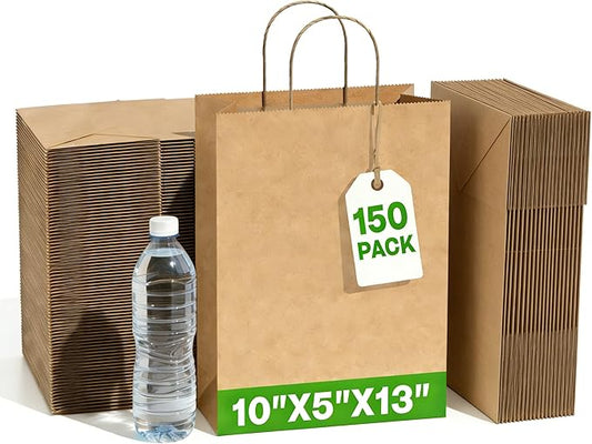 Simple Deluxe Value Pack of 150 Kraft Paper Bags with Handles (10x5x13 Inch) - Made in USA from 90GSM 100% Recycled Paper for Retail, Bulk Savings for Retail, Stores & Gift Packaging