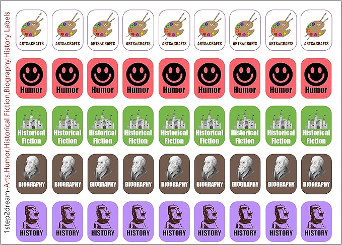 Genre Book Spine Labels for Library | Classroom Library Classification Stickers 450pcs | Arts,Humor,Historical Fiction,Biography,History