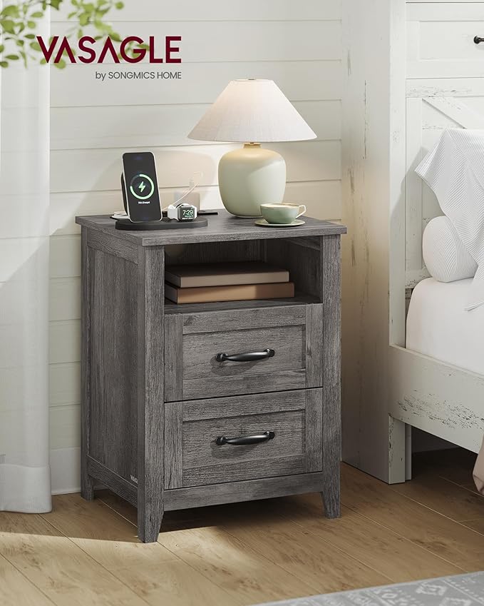 VASAGLE LIRY Collection - Farmhouse Nightstands with Charging Station, Set of 2 Bedside Tables, Side Tables with 2 Drawers, Open Compartment, for Bedroom, Misty Gray ULET869G01