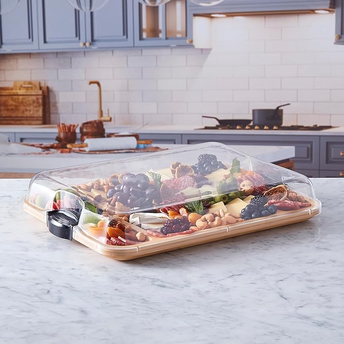 FARBERWARE Build-a-Board Cutting Board with Three Compartments and Clear Locking Lid for Charcuterie, Snacks, and More, Acacia