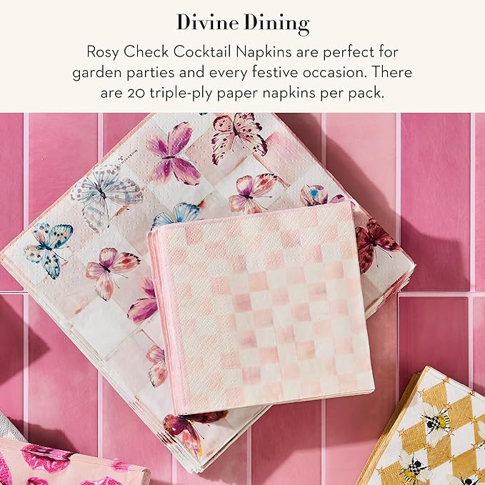MACKENZIE-CHILDS Cocktail Paper Napkins, Stylish Paper Cocktail Napkins for Parties and More, Pink-and-White Rosy Check
