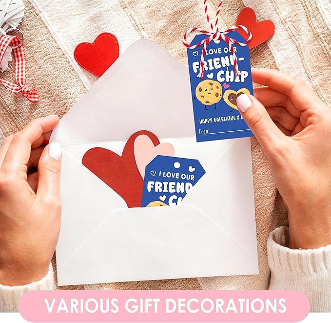 50Pcs Friend-chip Valentines Tags, Cookie Valentines Gift Label with String, Hanging Paper Gift Label for Cookie Bag, Idea Valentine's Activity School Classroom Party Favors