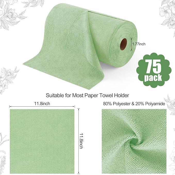 Homaxy Tear Away Dish Cloths Rolls, 75 Sheets-11.8" X 11.8", Reusable Washable Dish Towels for Kitchen, Ultra Absorbent and Quick Drying Microfiber Cleaning Rags, Green
